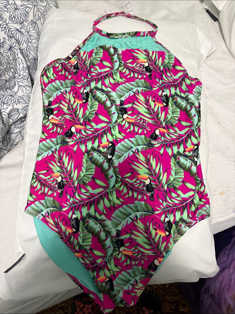 George Pink Tropical Toucan Halter One-Piece Swim Suit